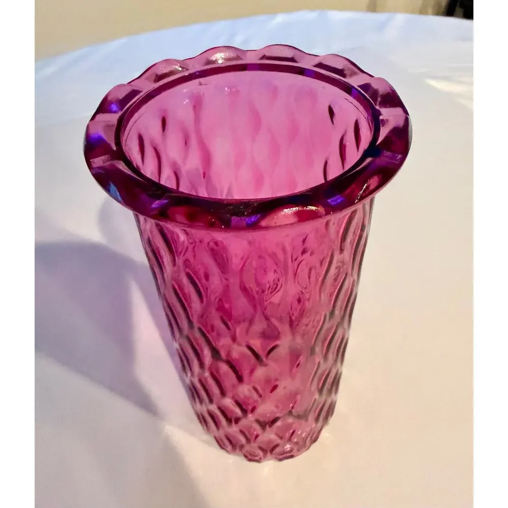 Pink Glass Cylinder Vase Rippled Wave Crinkle Texture 7.5
